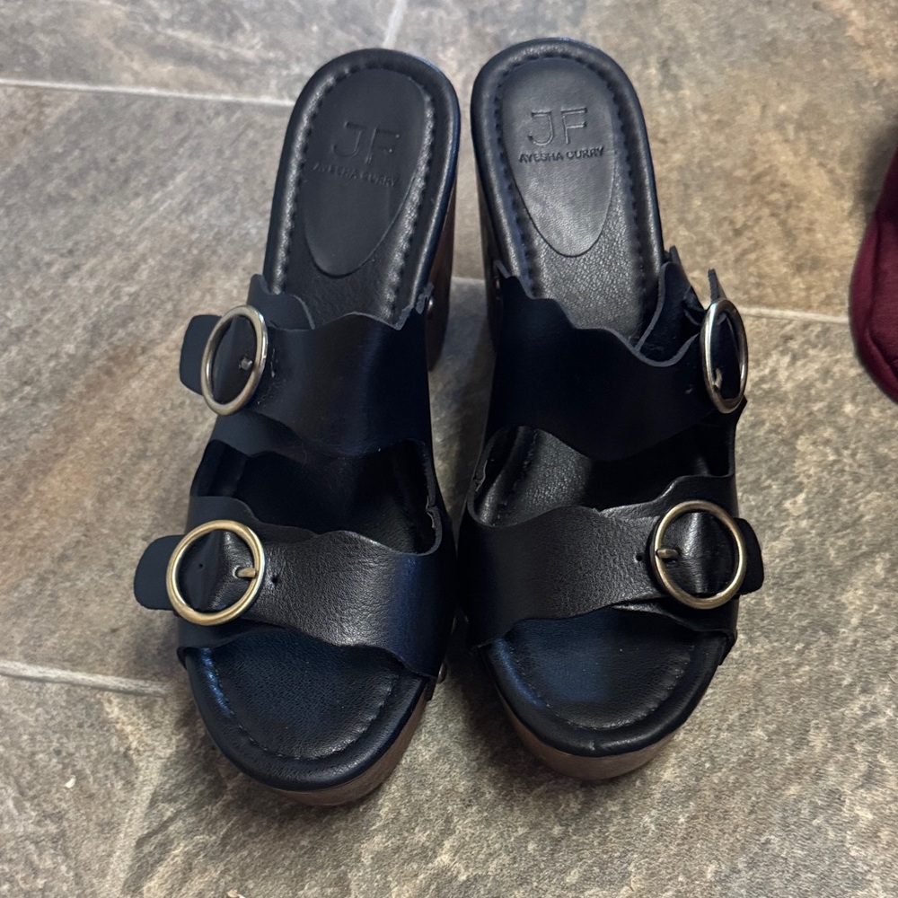 Black Platform Sandals with Buckle Accents